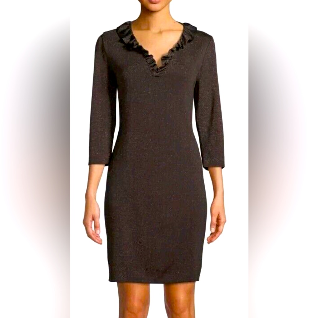 Misook Bronze Shimmering Sheath Dress With 3/4 Sleeves Euc